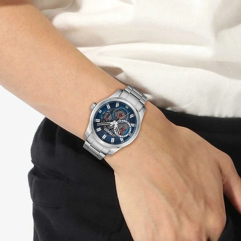 HUGO BOSS 1530191 BLUE DIAL SKELETON STAINLESS STEEL MULTIFUNCTION WATCH 44MM